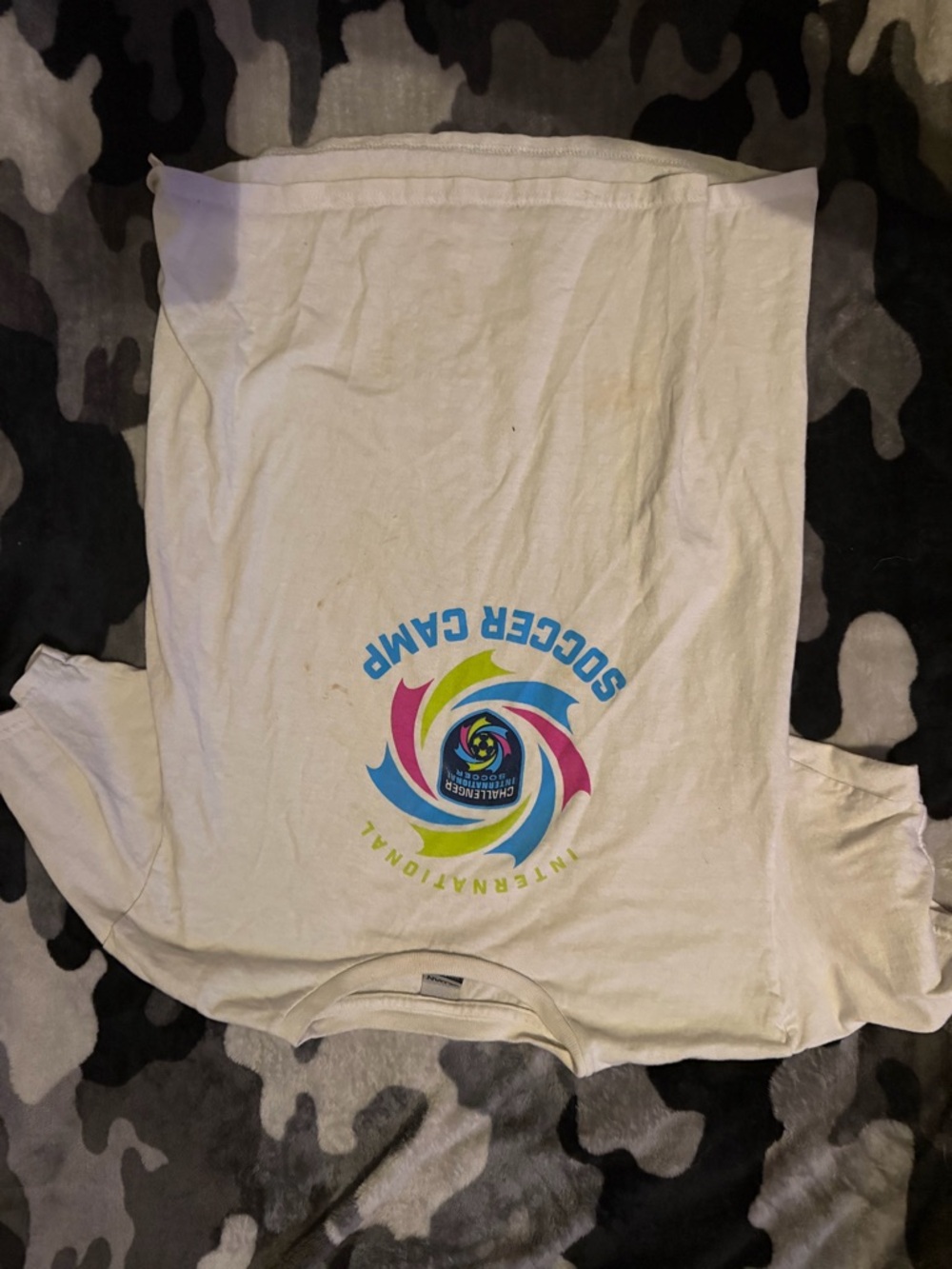White Soccer Camp T-Shirt with Colorful Swirl Logo